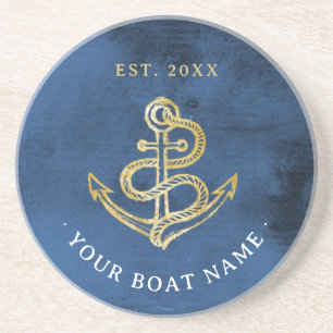 Navy Blue Waterverf Anchor Nautical Add Boat Name Zandsteen Onderzetter