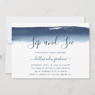 Navy Blue Waterverf Baby Boy Sip and See Kaart