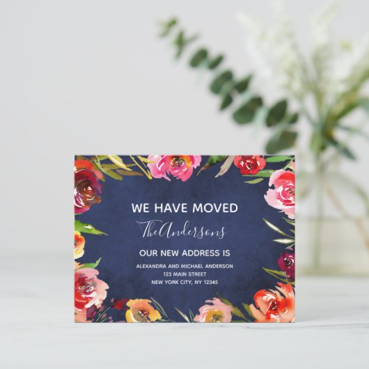 Navy Blue Waterverf Bloemen Bewegende Aankondiging (Staand voorkant)