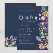 Navy Blue Waterverf Boho Wildflower Baby shower Kaart (Voorkant / Achterkant)