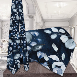 Navy Blue Waterverf Dusty Blue Greenery Wedding Stropdas