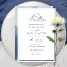 Navy Blue Waterverf Elegant Monogram Weddenschap