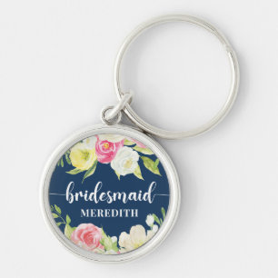 Navy Blue Waterverf Floral Bridesmaid Name Sleutelhanger