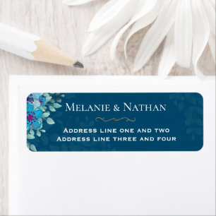 Navy Blue Waterverf Floral Elegant Wedding Etiket