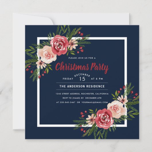 Navy Blue Waterverf Floral kerstparty Kaart (Voorkant)