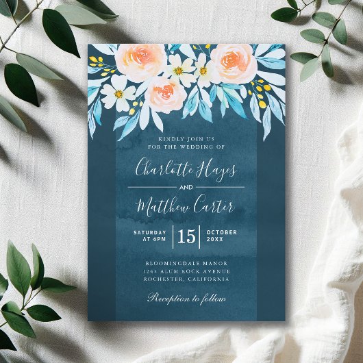 Navy Blue Waterverf Floral Modern Wedding Kaart