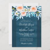 Navy Blue Waterverf Floral Modern Wedding Kaart (Voorkant)