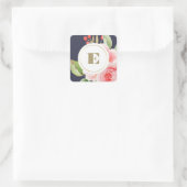 Navy Blue Waterverf Floral Monogram Weddenschap Vierkante Sticker (Tas)