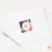 Navy Blue Waterverf Floral Monogram Weddenschap Vierkante Sticker (Envelop)
