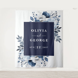 Navy Blue Waterverf Floral Photo Booth Achtergrond Wandkleed