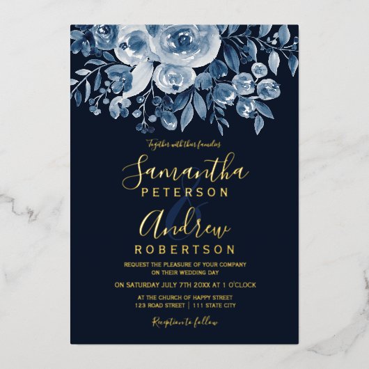 Navy blue waterverf floral script foto bruiloft folie uitnodiging (Voorkant)