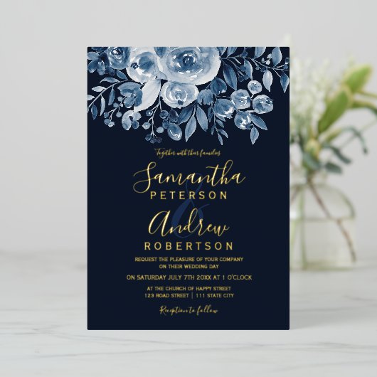 Navy blue waterverf floral script foto bruiloft folie uitnodiging (Staand Voorkant)