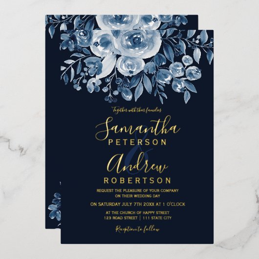 Navy blue waterverf floral script foto bruiloft folie uitnodiging (Voorkant / Achterkant)