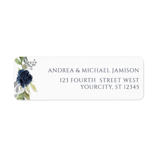 Navy Blue Waterverf Floral Wedding Address Etiket (Voorkant)