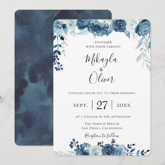 Navy Blue Waterverf Floral Wedding Kaart (Voorkant / Achterkant)