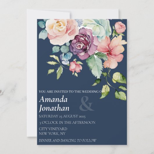 Navy Blue Waterverf Floral Wedding Kaart (Voorkant)