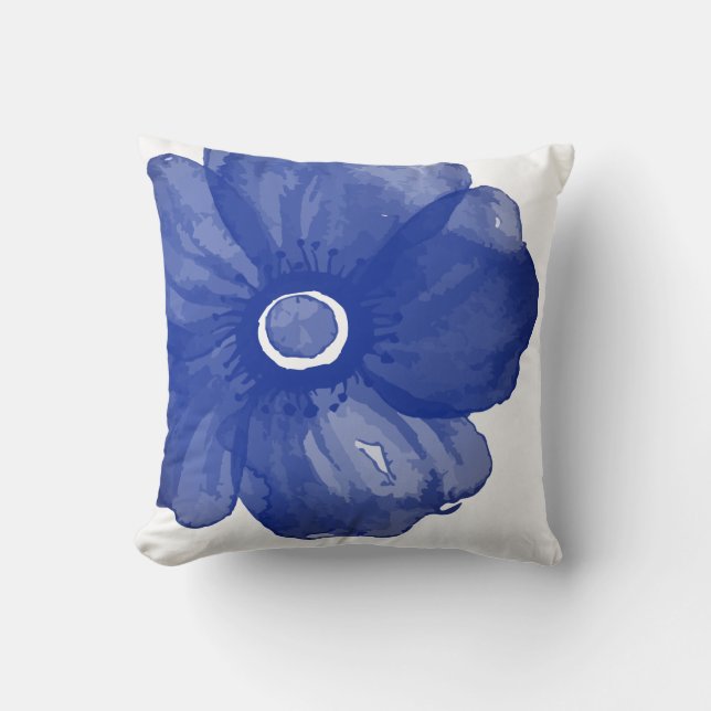 Navy Blue Waterverf Flower Pillow Kussen (Voorkant)