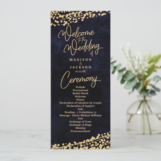 Navy Blue Waterverf Gold Confetti huwelijksprogram Programma (Staand voorkant)