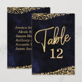 Navy Blue Waterverf & Gold Table Number Seating Kaart (Voorkant / Achterkant)