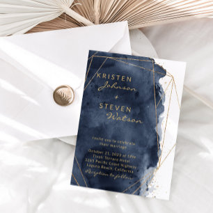 Navy Blue Waterverf & Gold Wedding Kaart