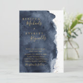 Navy Blue Waterverf & Gold Wedding Kaart (Staand voorkant)