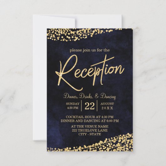 Navy Blue Waterverf & Gold Wedding Reception Kaart (Voorkant)
