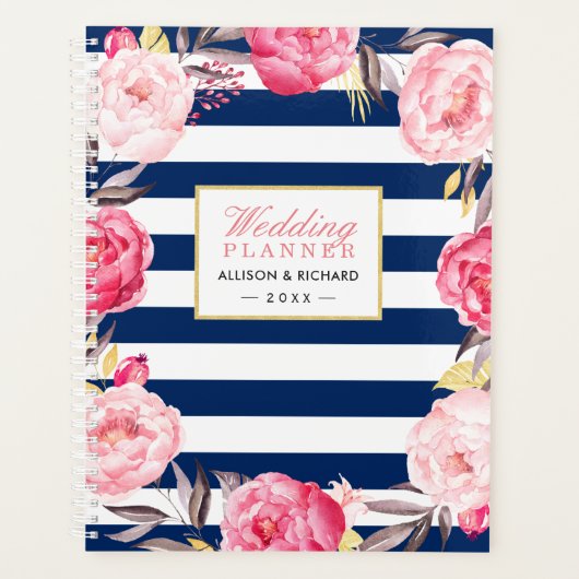 Navy Blue Waterverf Goud Roze Bloemen Huwelijk Planner (Voorkant)