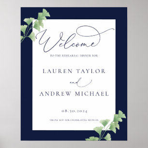 Navy Blue Waterverf Greenery Rehearsal Dinner Poster