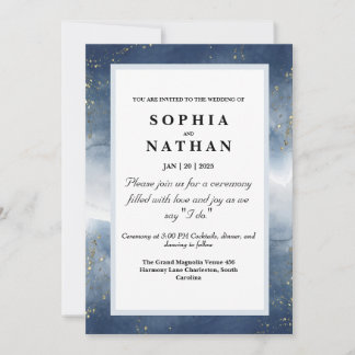 Navy Blue Waterverf huwelijksuitnodiging met goud Kaart