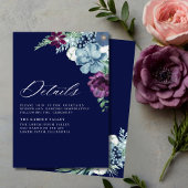 Navy Blue Waterverf magenta Floral Wedding Detail Informatiekaartje