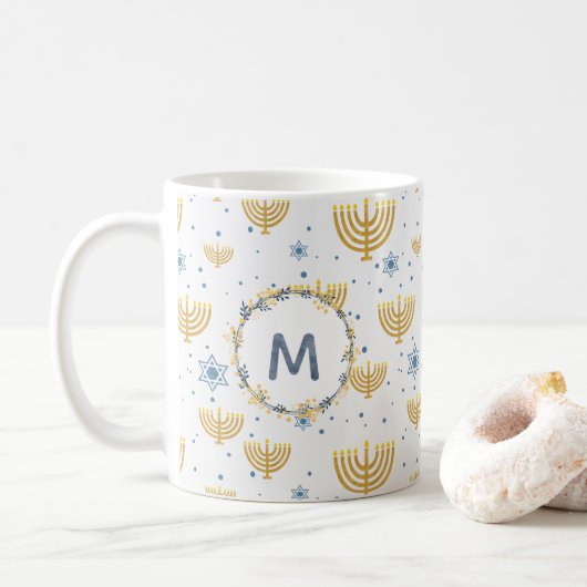 Navy Blue Waterverf Monogram + Hanukkah Pattern Koffiemok (Met donut)