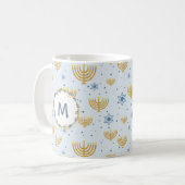 Navy Blue Waterverf Monogram + Hanukkah Pattern Koffiemok (Voorkant links)