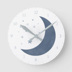Navy Blue Waterverf Moon en Stars Ronde Klok