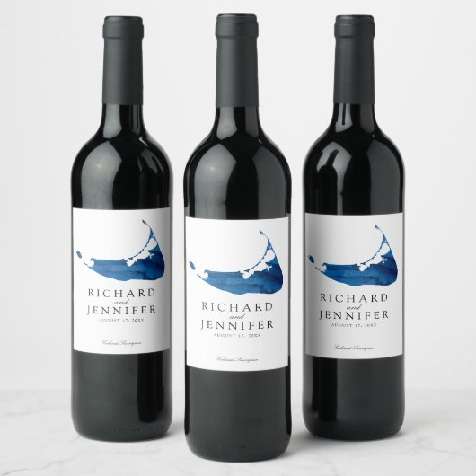 Navy Blue Waterverf Nantucket Kaart Bruiloft Wijn Etiket (Flessen)