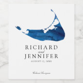 Navy Blue Waterverf Nantucket Kaart Bruiloft Wijn Etiket (Enkel label)