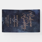 Navy Blue Waterverf & Roos Gold Wedding Welkom Spandoek (Horizontaal)