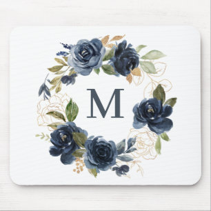 Navy Blue Waterverf Rozen Floral Wreatmonogram Muismat