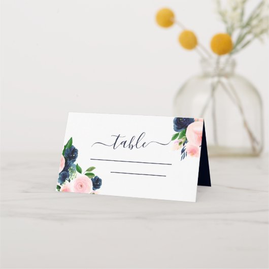 Navy Blue Waterverf Wedding Floral Place Card (Voorkant)