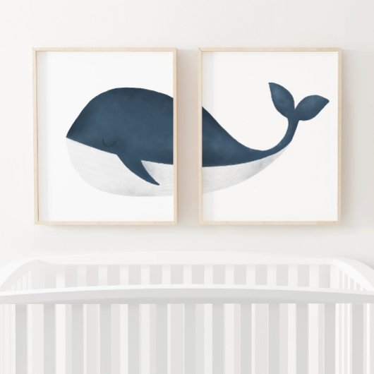 Navy Blue Waterverf Whale Beach kwekerij Muurkunst Sets