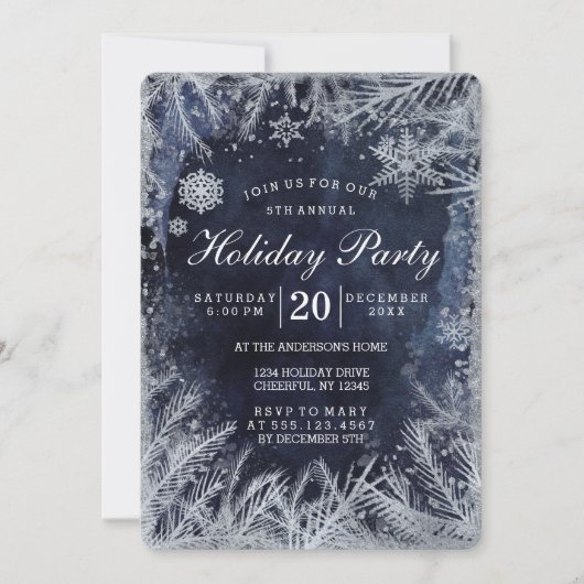 Navy Blue Waterverf & Zilveren Kerstfeest Kaart (Voorkant)