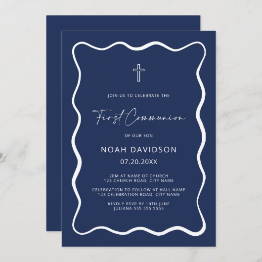 Navy Blue Wavy Communie nodigt uit Kaart (Voorkant / Achterkant)