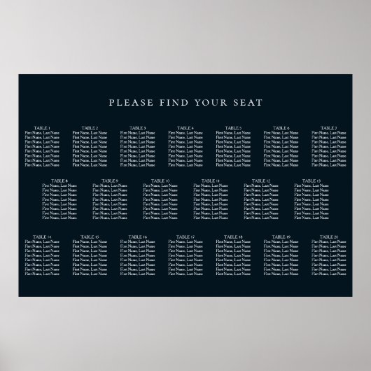 Navy Blue Wedding 20 Table Seating Chart Poster (Voorkant)