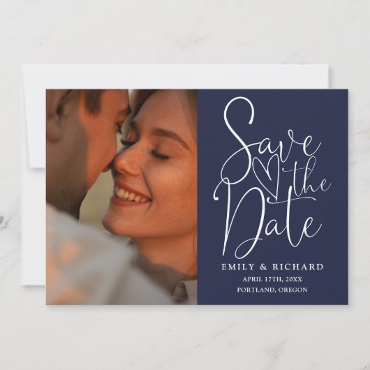 Navy Blue Wedding 2 Foto QR Code Elegant Script Save The Date (Voorkant)