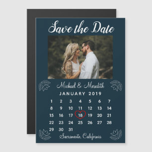 Navy Blue Wedding Calendar Foto Save the Date Magnetische Uitnodiging