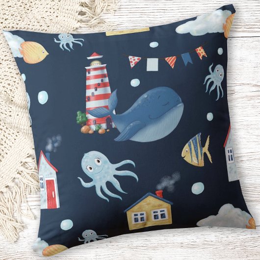 Navy Blue Whale Nautical Kussen