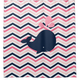 Navy Blue Whale op Roze, marineschevron Stripes Douchegordijn