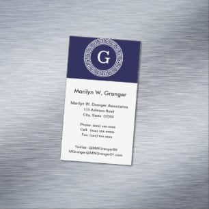 Navy Blue WhGreek Key Rnd Lijst Initiaal Monogram Visitekaartje Magneet