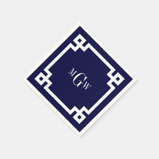 Navy Blue WhGriekse sleutel #2 omhuld 3 Init Monog Servetten (Hoek)