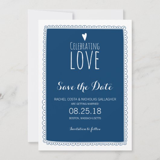 Navy Blue Whimsical Doodle Lijst Save the Date Kaart (Voorkant)