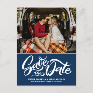 Navy Blue Whimsical Lettered Photo Save the Date Aankondigingskaart